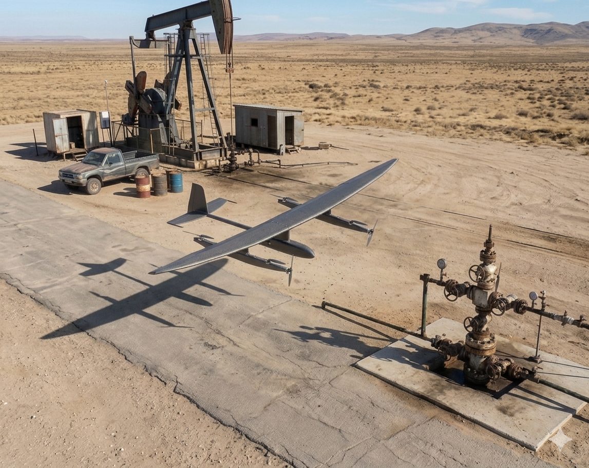 Dron VTOL de Soar-Axis despegando junto a un pozo petrolero